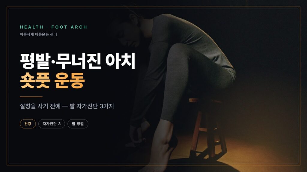 낮은 스툴에 앉아 맨발의 발 아치를 내려다보는 여성 — 평발·무너진 아치, 숏풋 운동