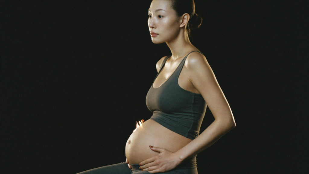 배꼽 위아래 복직근 이개 부위에 손을 얹고 확인하는 산후 여성