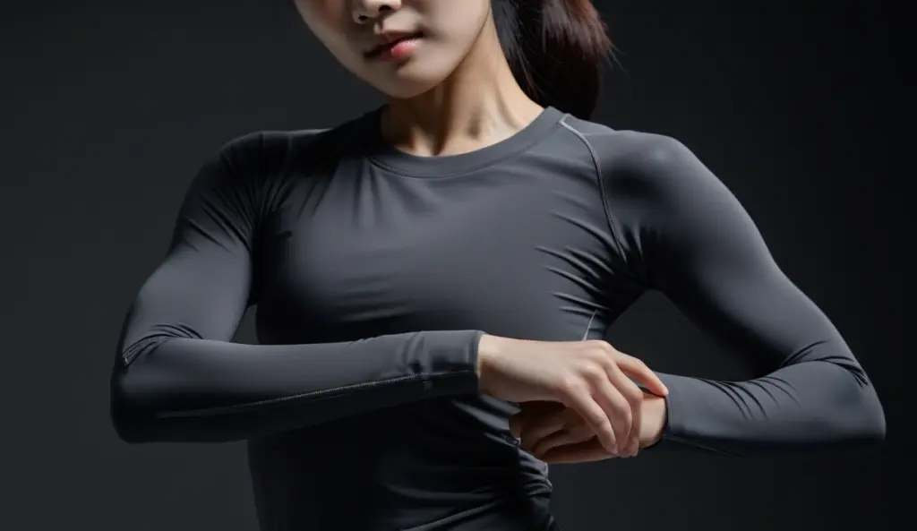 테니스엘보 — 손목과 팔꿈치, 긴소매 운동복을 입은 손목 스트레칭 동작