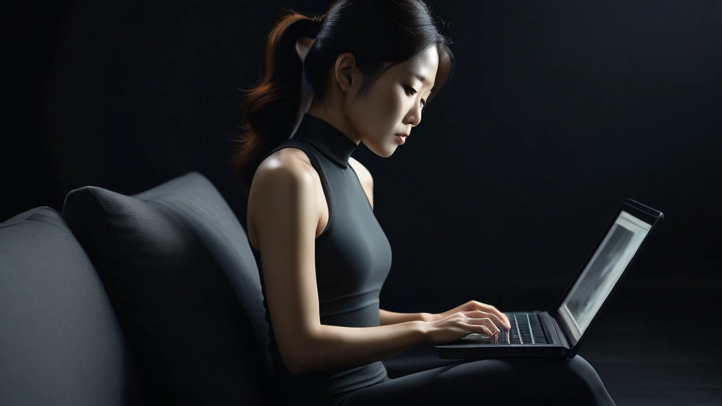 소파에 앉아 노트북을 보는 옆모습, 구부러진 목과 손목
