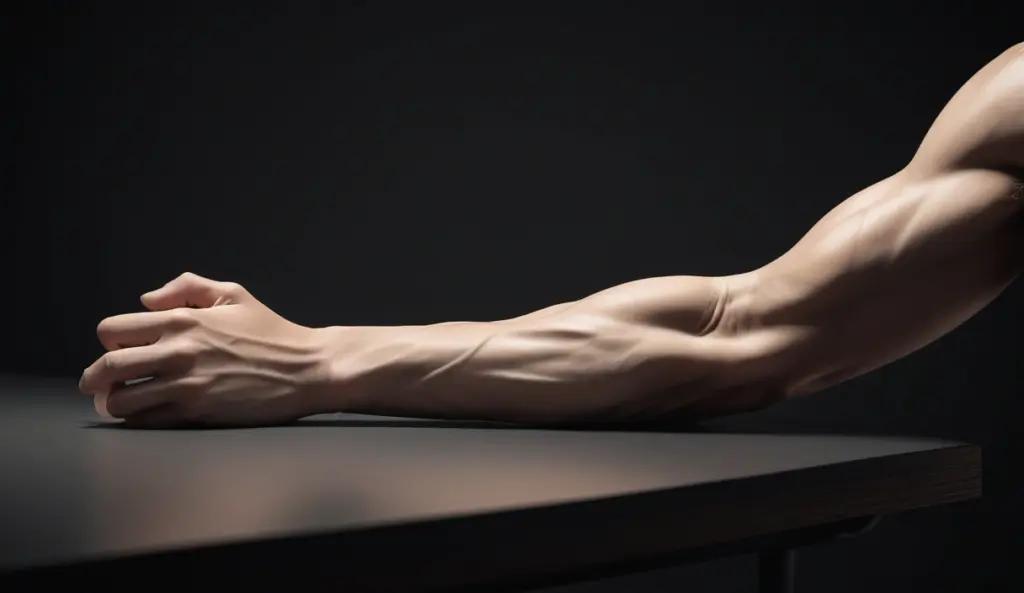 책상에 괸 팔과 손, 팔꿈치 안쪽 신경 통로가 지나는 자리