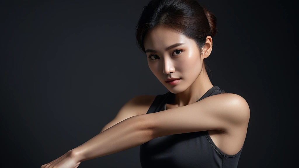 팔을 뻗어 손목과 아래팔을 보여주는 여성, 손목 결절종 부위를 강조한 이미지
